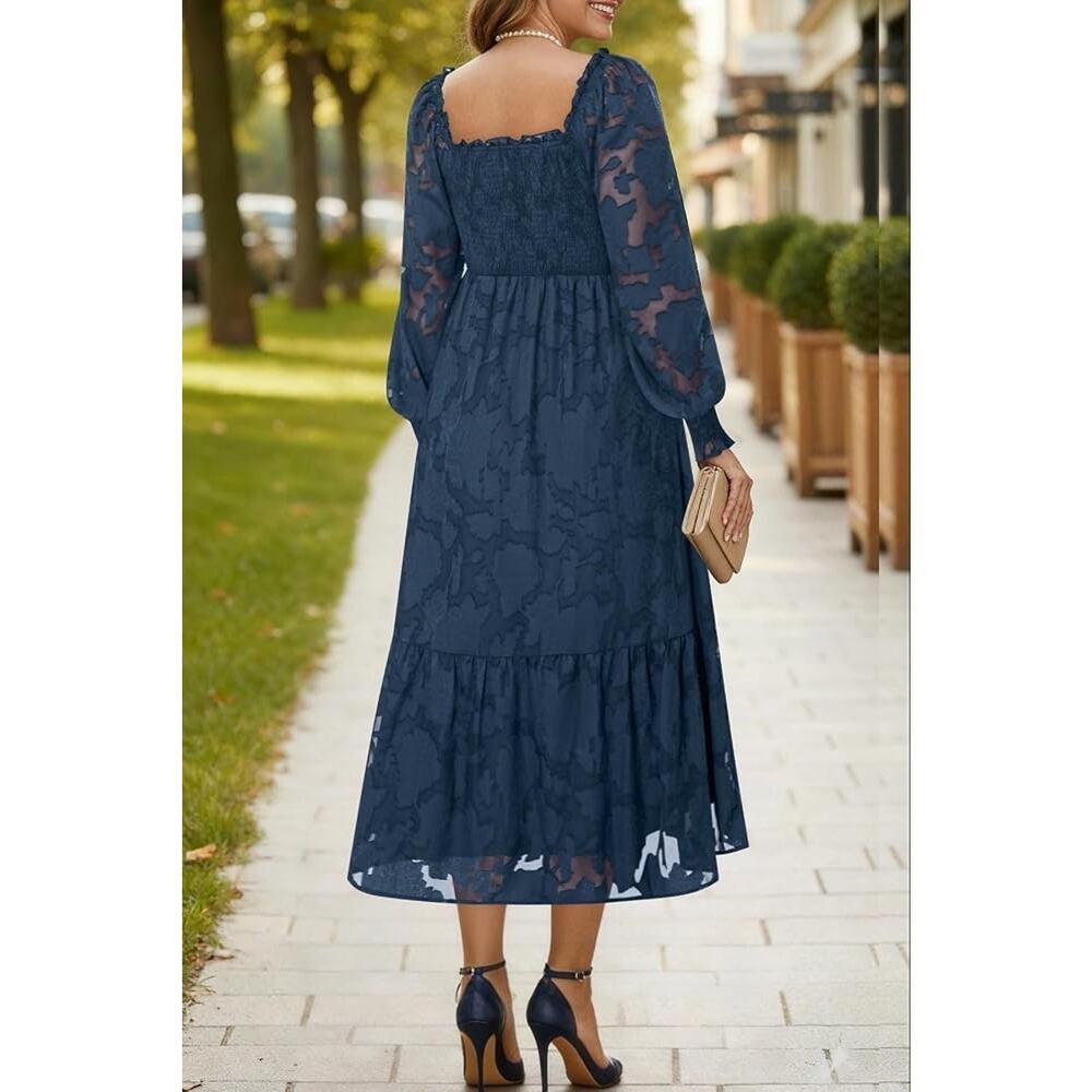 NWT Pinup Fashion Navy Smocked Chiffon Boho Midi Dress Dark Romantic Sz 20W - Picture 3 of 9